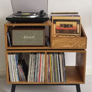 retro cabinet with record player and records