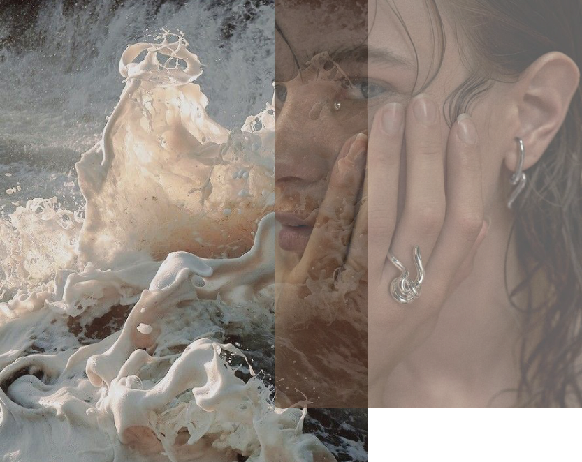 woman with silver jewerly with overlapping ocean image